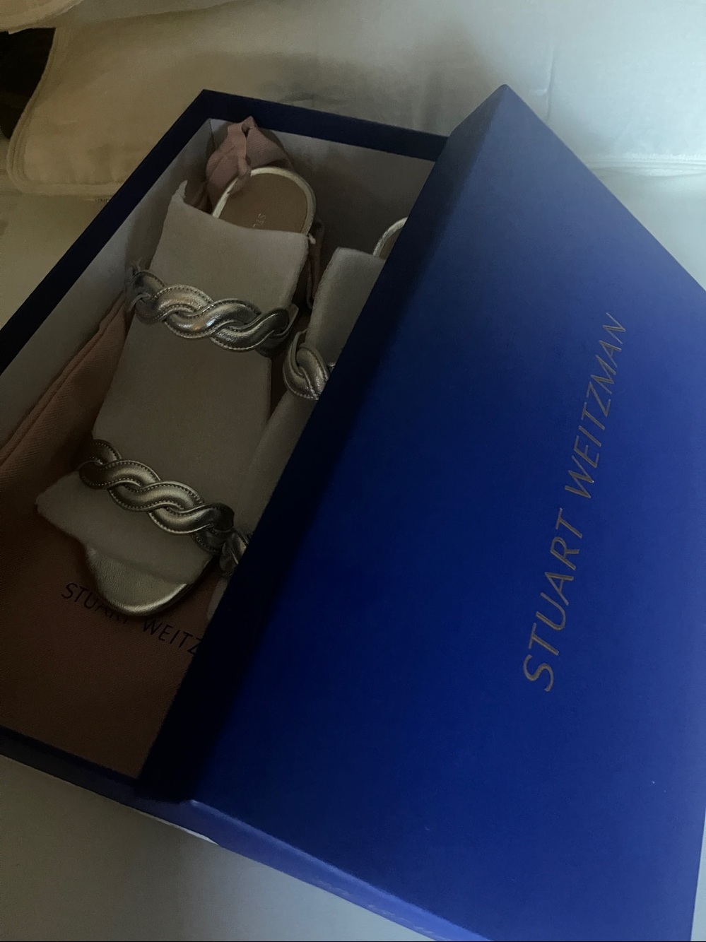 Size 7.5 Stuart Weitzman Metallic Silver Braided-Strap Slide Mules - Picture 11 of 11